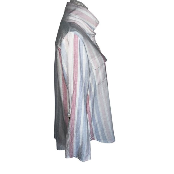 Ellen Tracy Striped Button-Front Shirt w/Roll-Tab Sleeves Womens L Pink/Blue - Picture 2 of 9